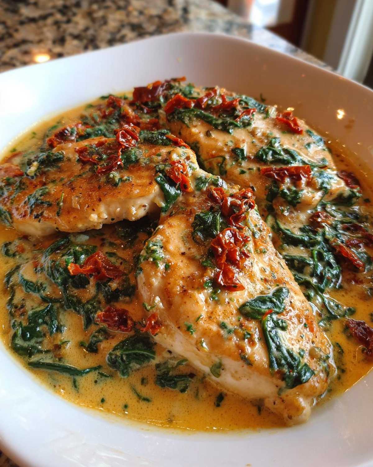 Close-up of seared One-Pan Creamy Garlic Butter Turkey Cutlets smothered in a rich sauce with spinach and sun-dried tomatoes.
