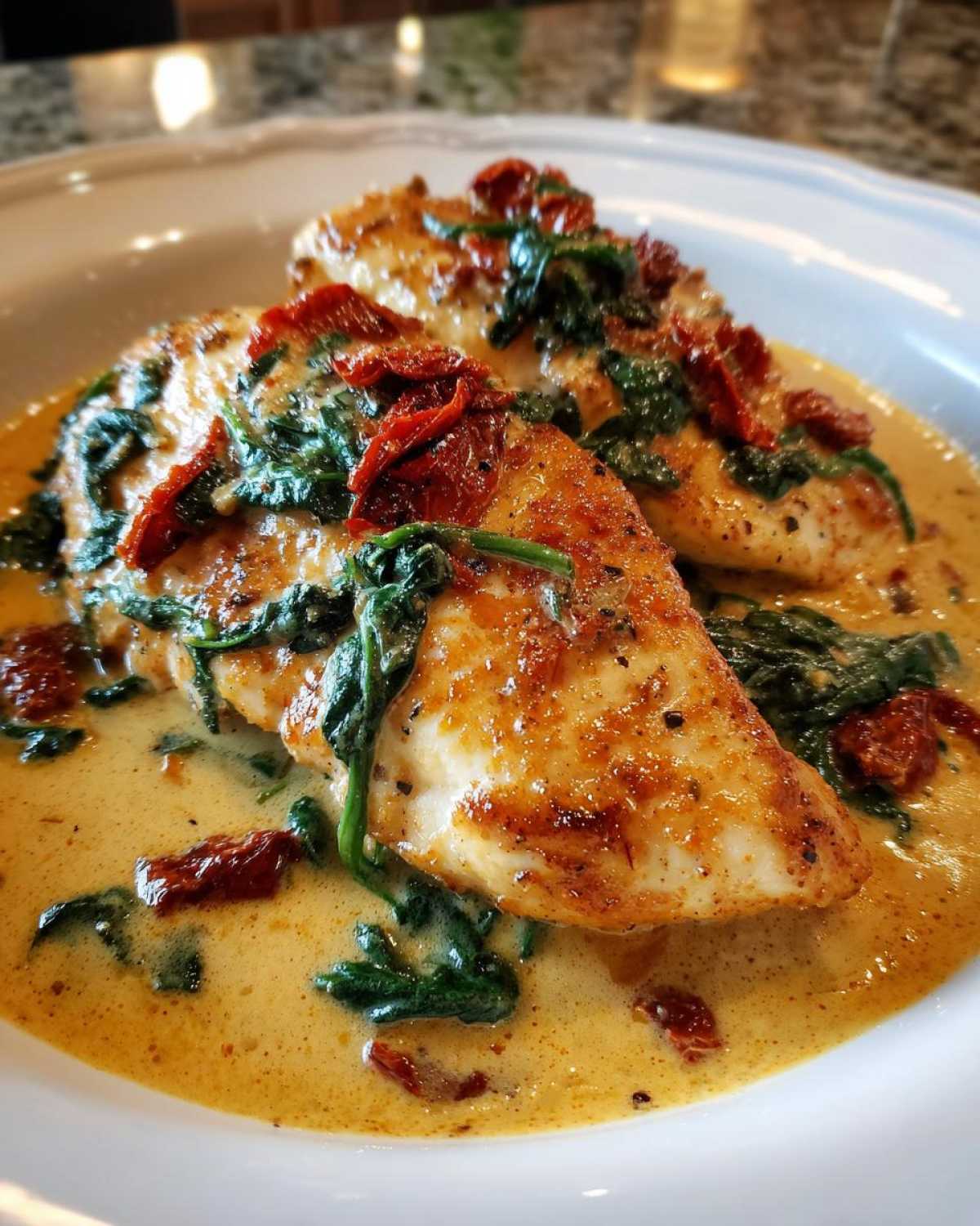 Two golden-brown turkey cutlets smothered in creamy garlic butter sauce with wilted spinach and sun-dried tomatoes, part of the One-Pan Creamy Garlic Butter Turkey Cutlets recipe.
