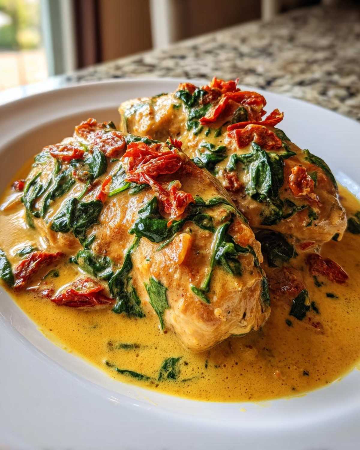 Three One-Pan Creamy Garlic Butter Turkey Cutlets topped with spinach and sun-dried tomatoes in a rich sauce.