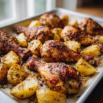 Close-up of crispy Sheet Pan Garlic Parmesan Chicken Drumsticks with roasted potatoes on a baking sheet.