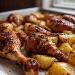 Close-up of Sheet Pan Garlic Parmesan Chicken Drumsticks with Potatoes, roasted to a golden brown.