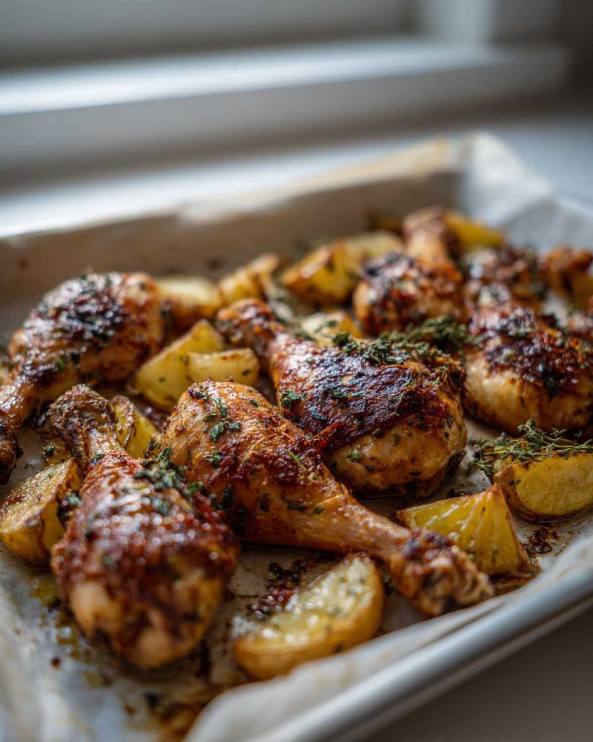 Close-up of golden brown Sheet Pan Garlic Parmesan Chicken Drumsticks with roasted potato wedges.
