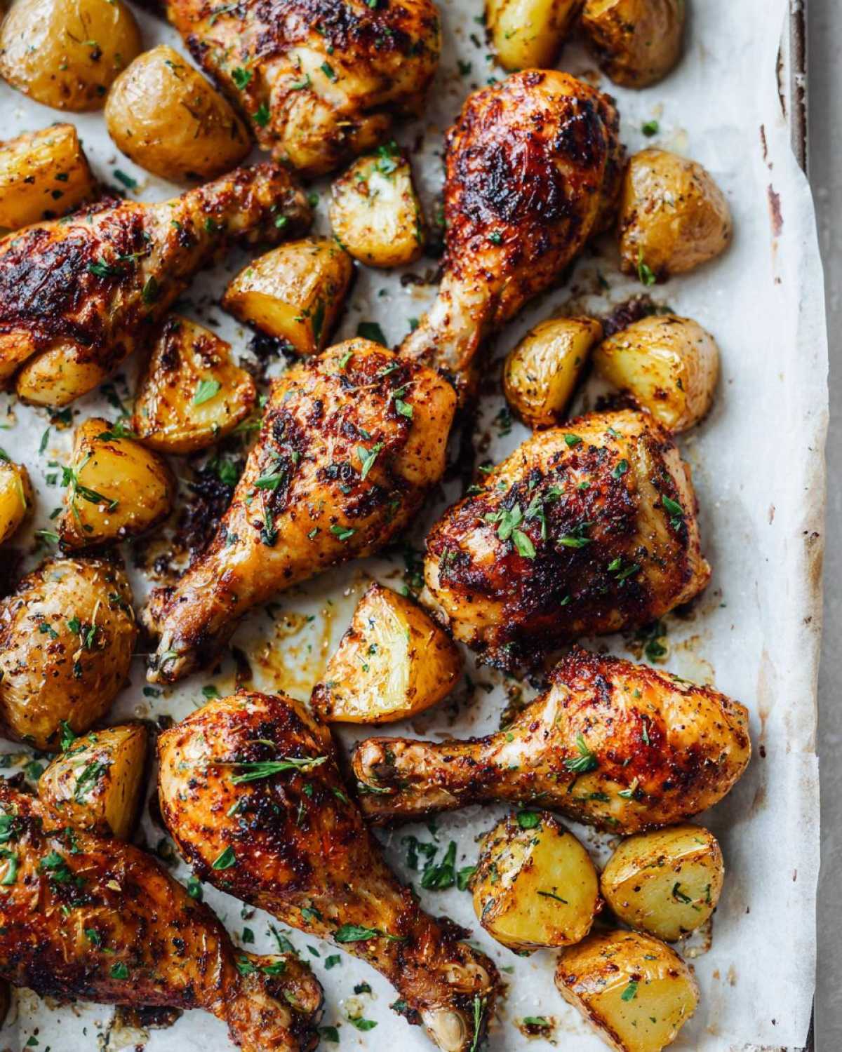 Close-up of crispy Sheet Pan Garlic Parmesan Chicken Drumsticks with roasted potatoes, garnished with herbs.