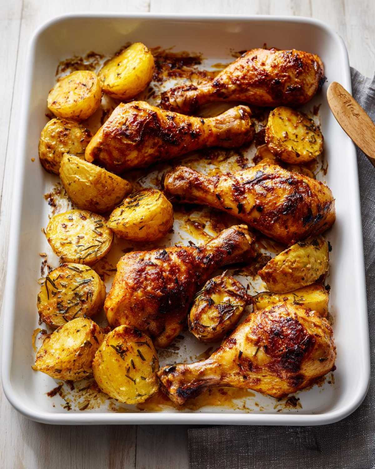 Five perfectly roasted Sheet Pan Garlic Parmesan Chicken Drumsticks with golden roasted potatoes in a white baking dish.