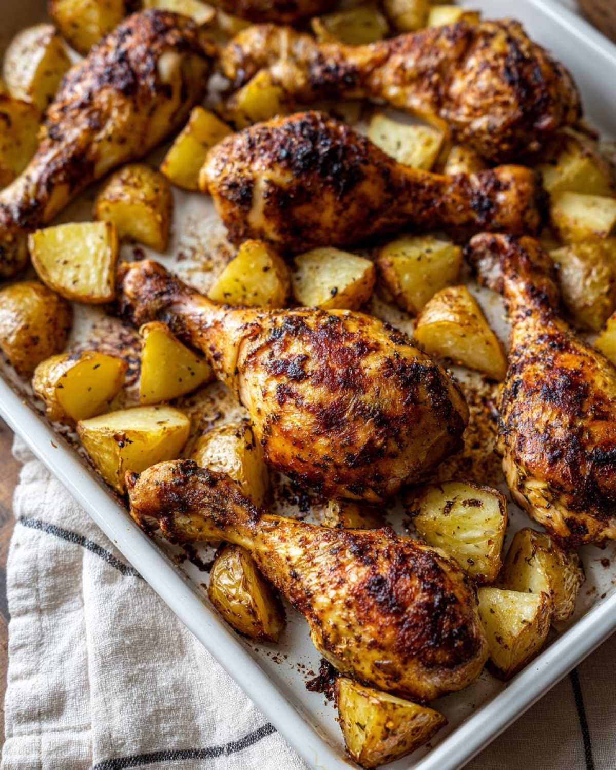 Crispy Sheet Pan Garlic Parmesan Chicken Drumsticks roasted with golden potatoes in a white baking dish.