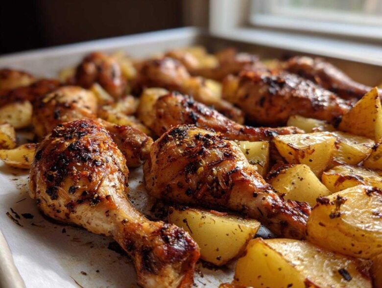 Close-up of Sheet Pan Garlic Parmesan Chicken Drumsticks with Potatoes, roasted to a golden brown.