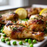 Close-up of golden brown Sheet Pan Lemon Garlic Butter Chicken Legs with bright green peas and lemon slices.