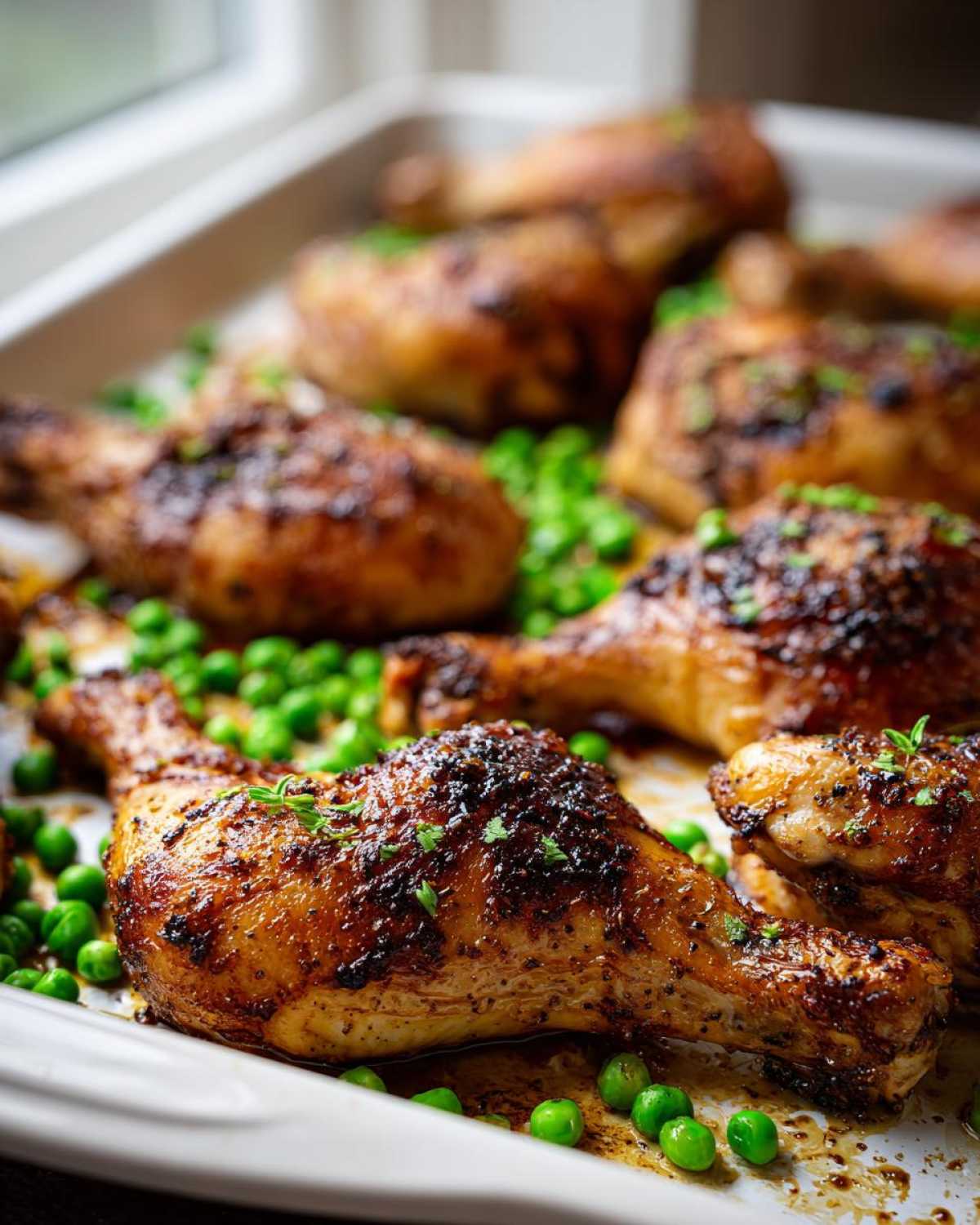 Close-up of beautifully browned Sheet Pan Lemon Garlic Butter Chicken Legs with bright green peas.