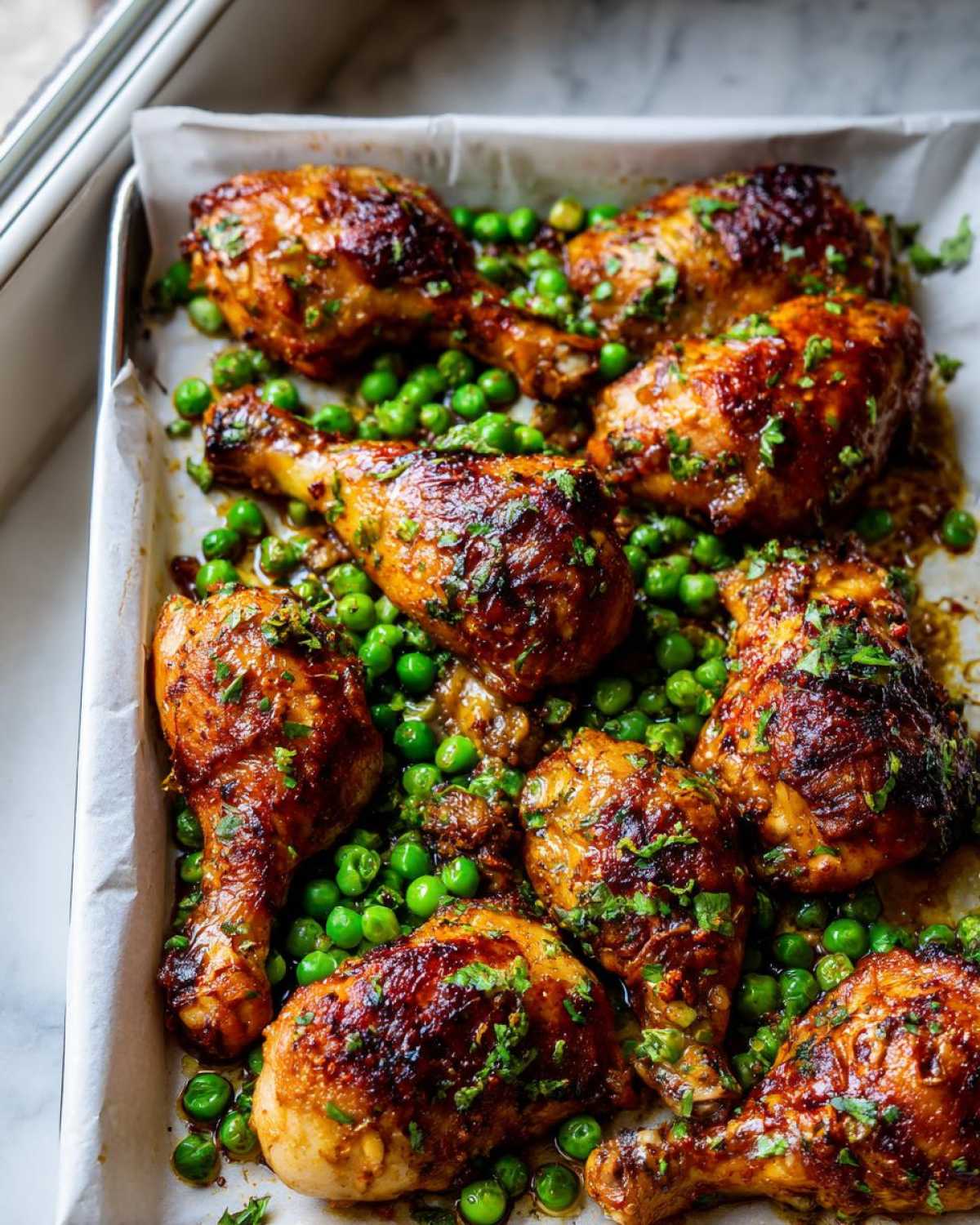 Close-up of caramelized Sheet Pan Lemon Garlic Butter Chicken Legs with bright green peas.