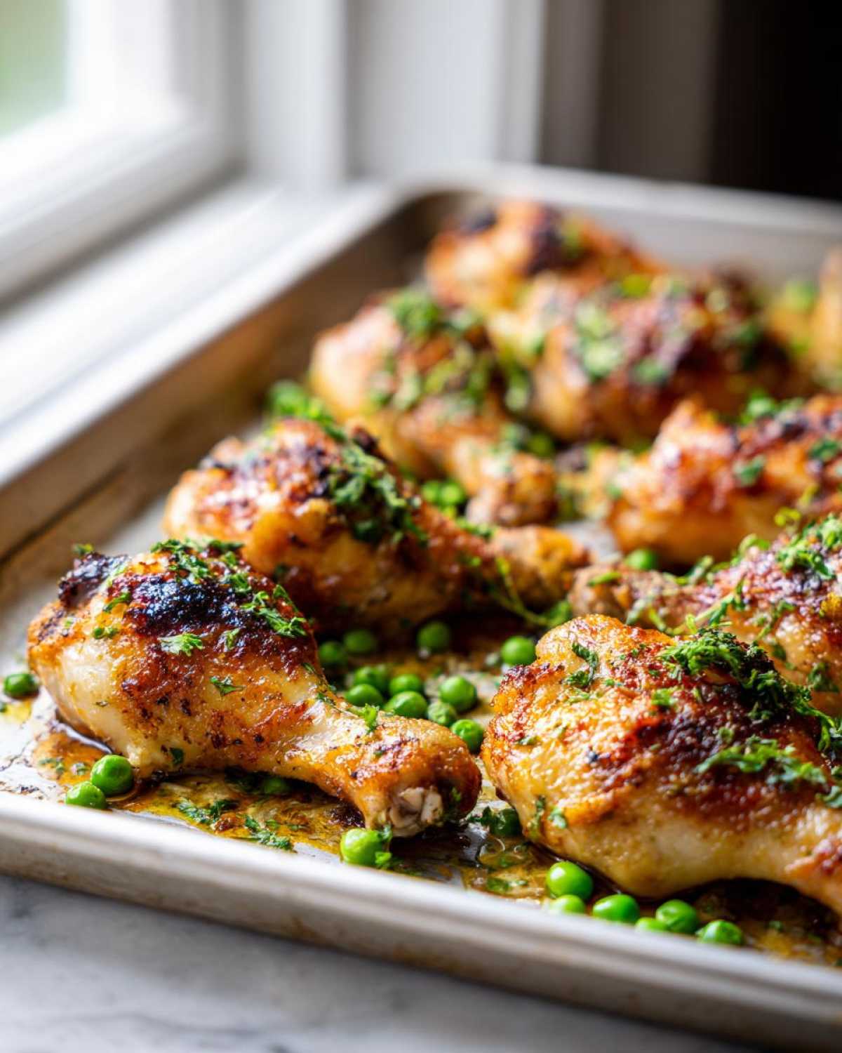 Close-up of golden brown Sheet Pan Lemon Garlic Butter Chicken Legs with bright green peas on a baking sheet.
