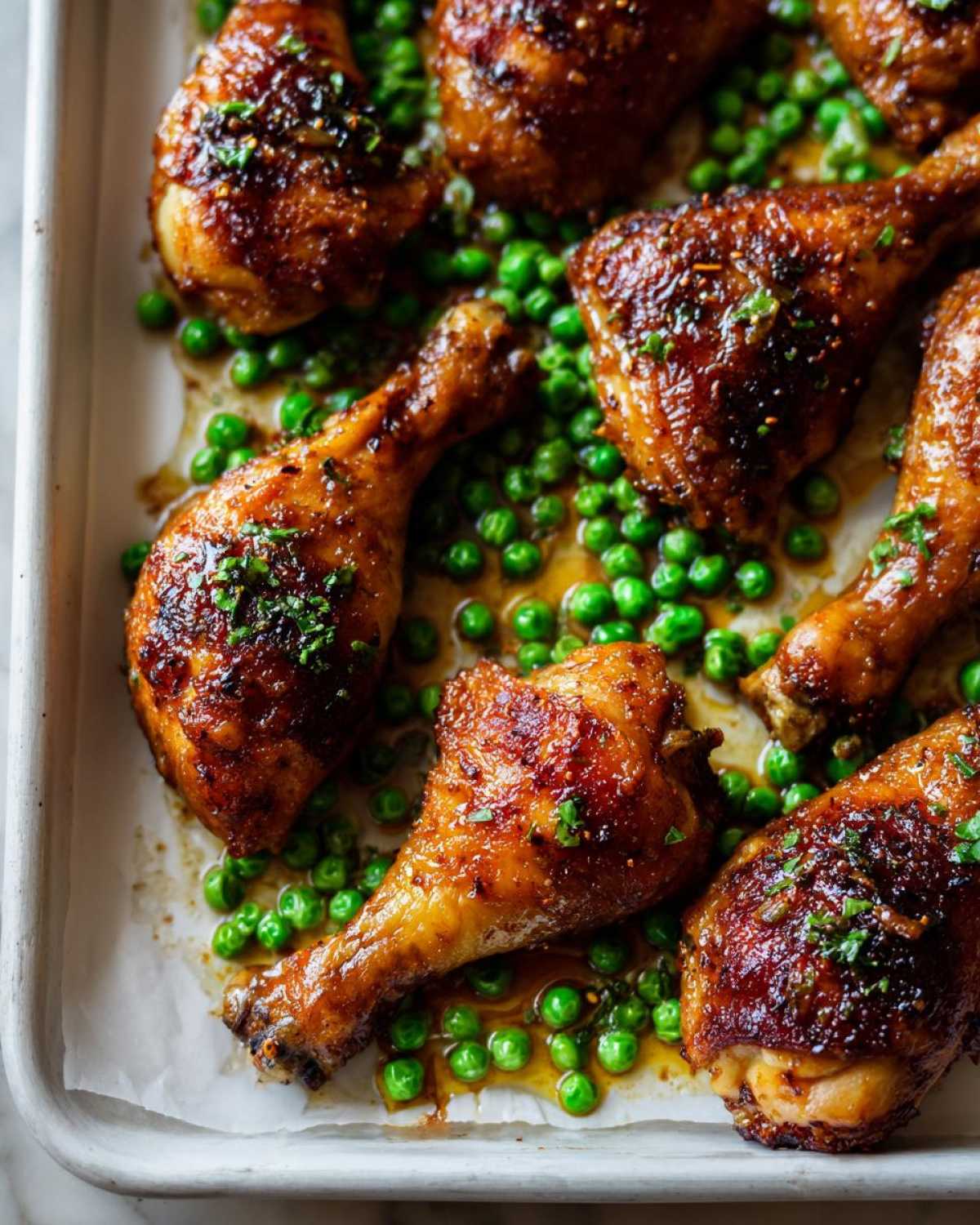 Close-up of glazed Sheet Pan Lemon Garlic Butter Chicken Legs with bright green peas in a white baking dish.