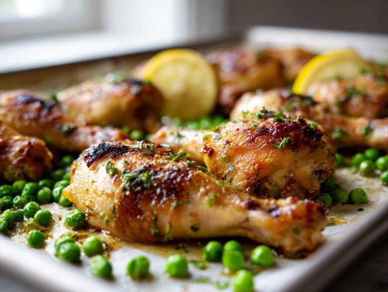 Close-up of golden brown Sheet Pan Lemon Garlic Butter Chicken Legs with bright green peas and lemon slices.