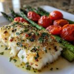 Flaky white Sheet Pan Lemon Herb Cod topped with herbs and served alongside roasted asparagus and cherry tomatoes.
