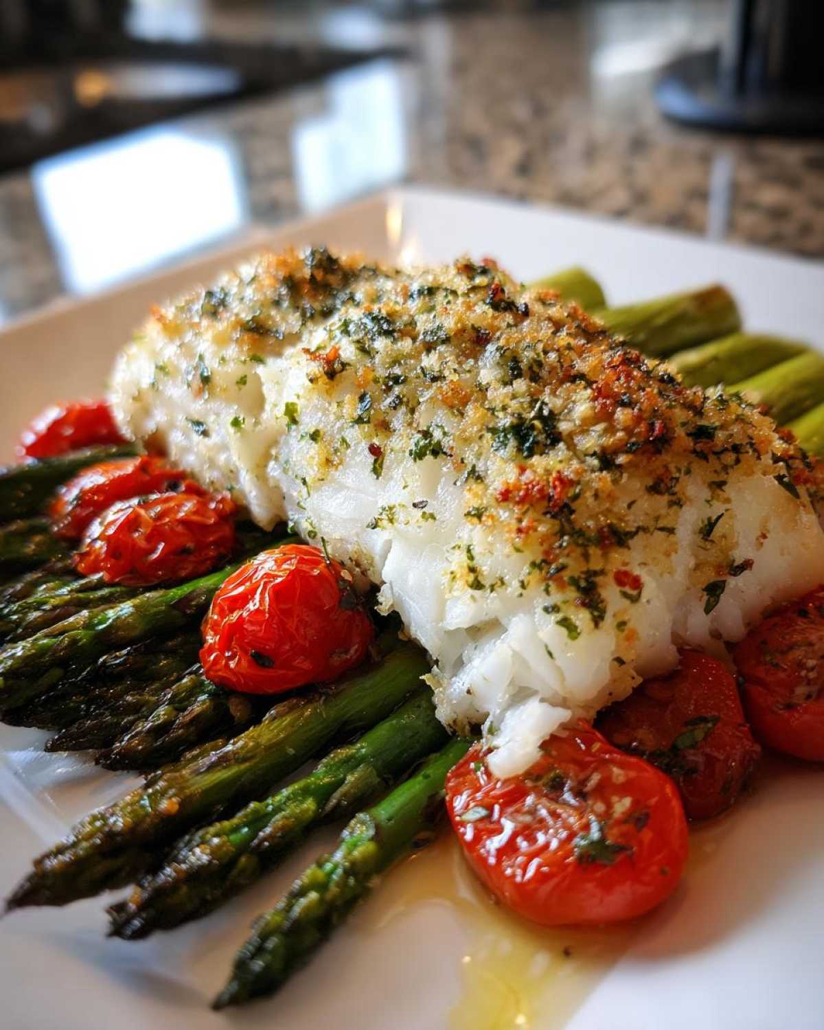 Close-up of a flaky white fish fillet topped with herbs and breadcrumbs, served over roasted asparagus and cherry tomatoes, showcasing the Sheet Pan Lemon Herb Cod.