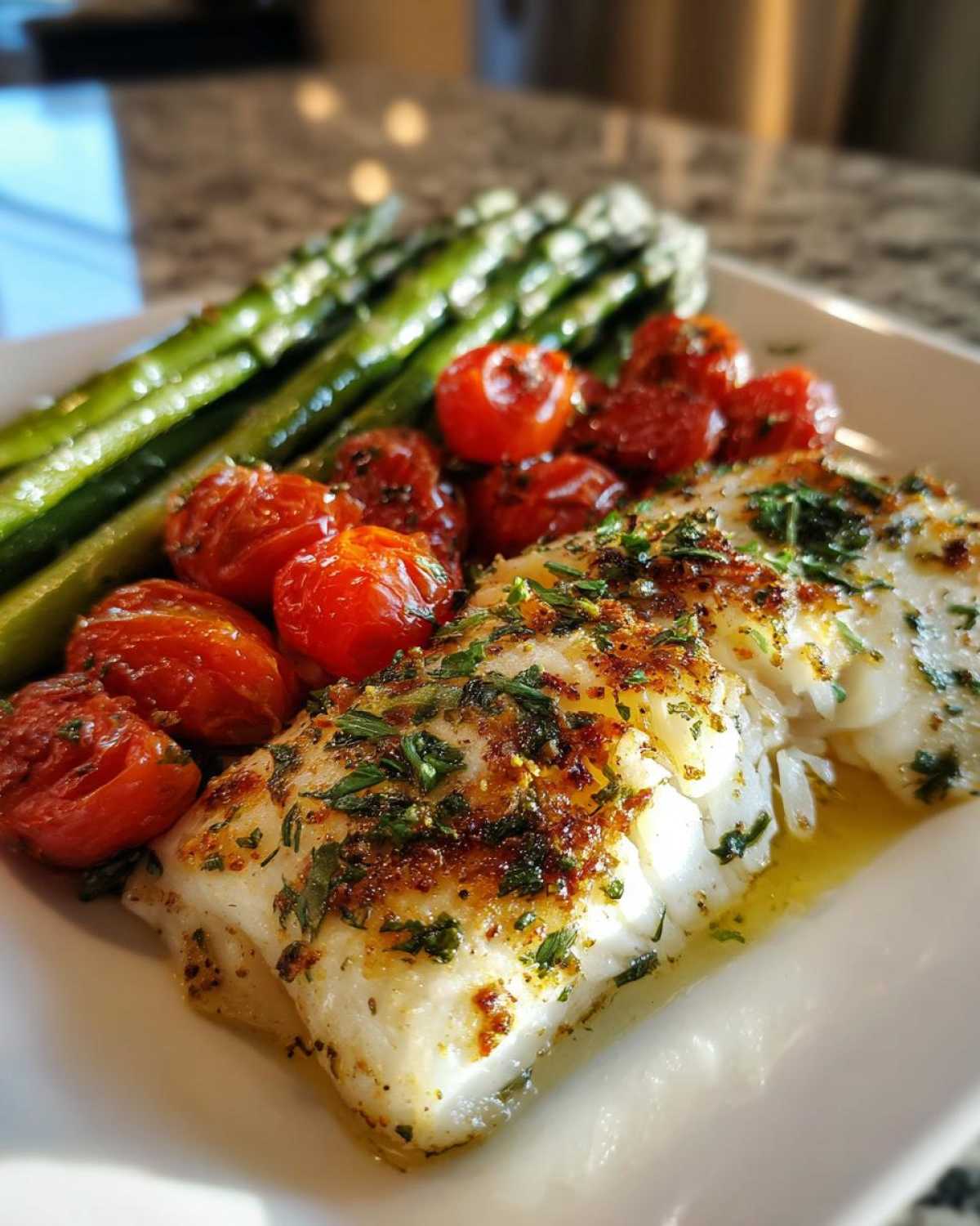 A close-up of a flaky piece of Sheet Pan Lemon Herb Cod with Asparagus, served alongside roasted cherry tomatoes.