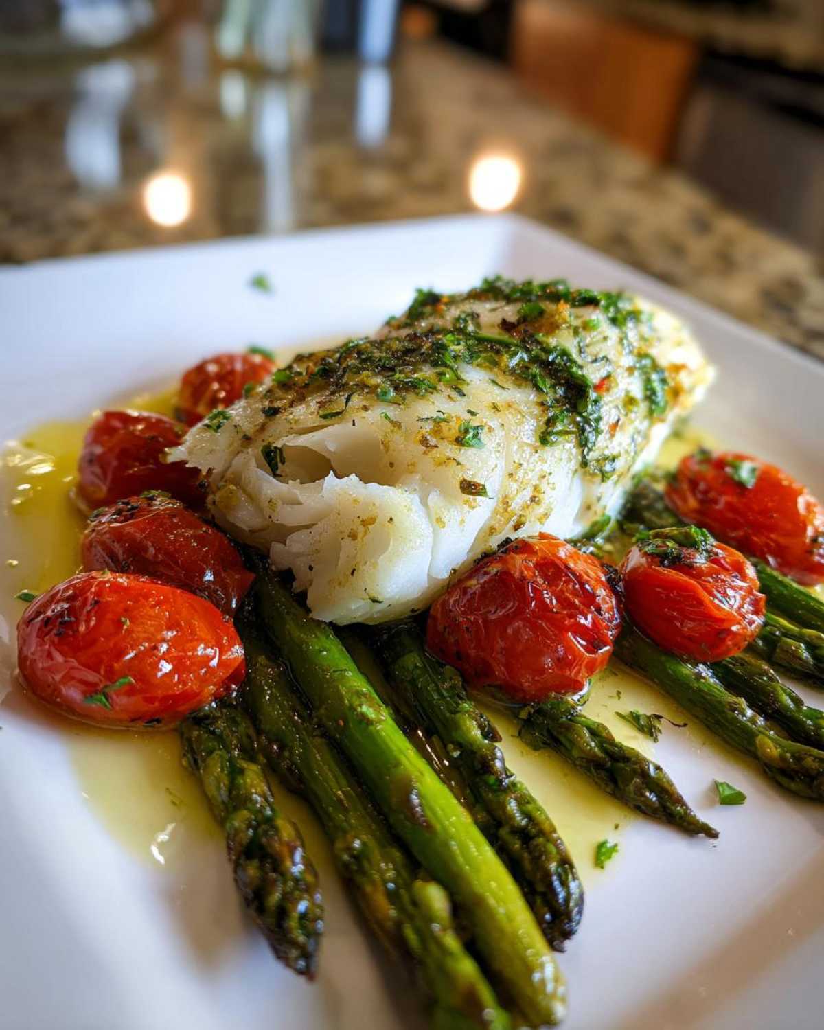 Close-up of flaky Sheet Pan Lemon Herb Cod with asparagus spears and roasted cherry tomatoes.