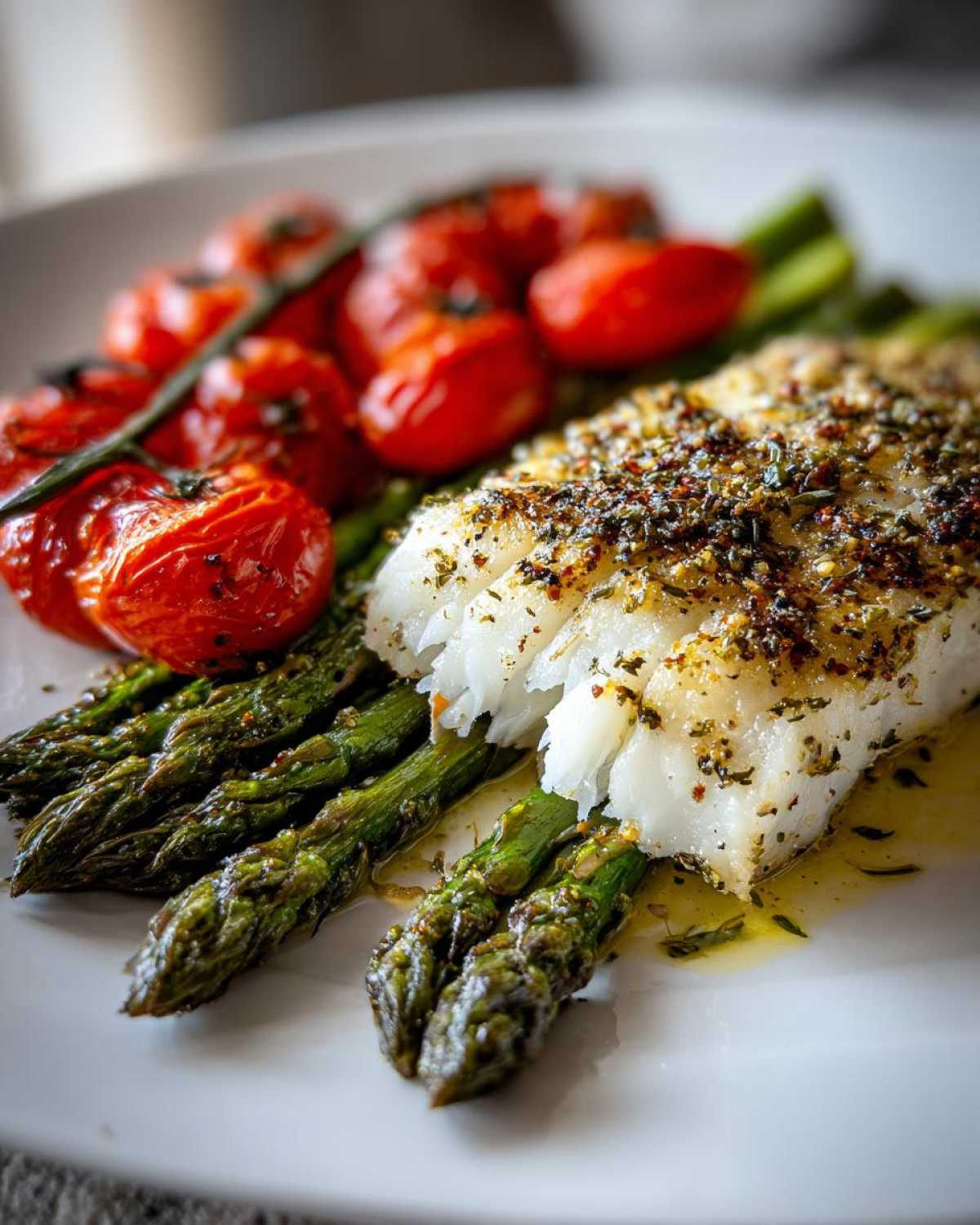 Flaky Sheet Pan Lemon Herb Cod served over roasted asparagus spears with blistered cherry tomatoes.