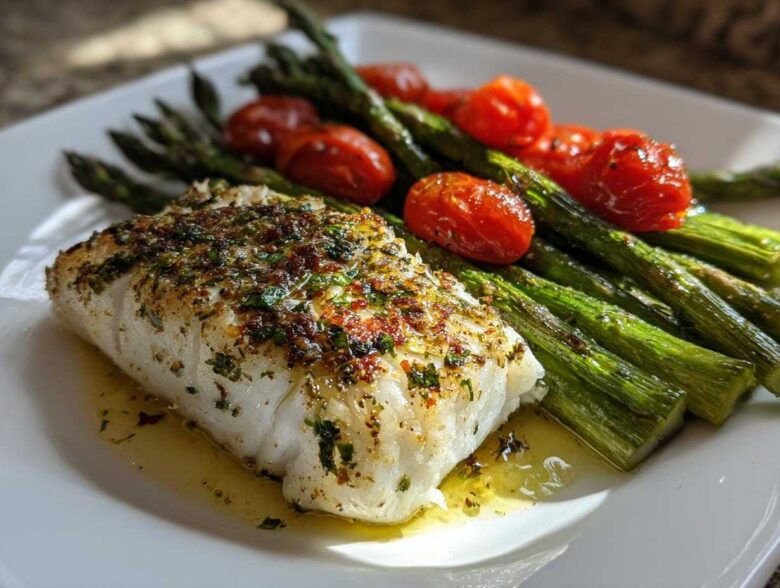 A perfectly cooked fillet of Sheet Pan Lemon Herb Cod with Asparagus and roasted cherry tomatoes.