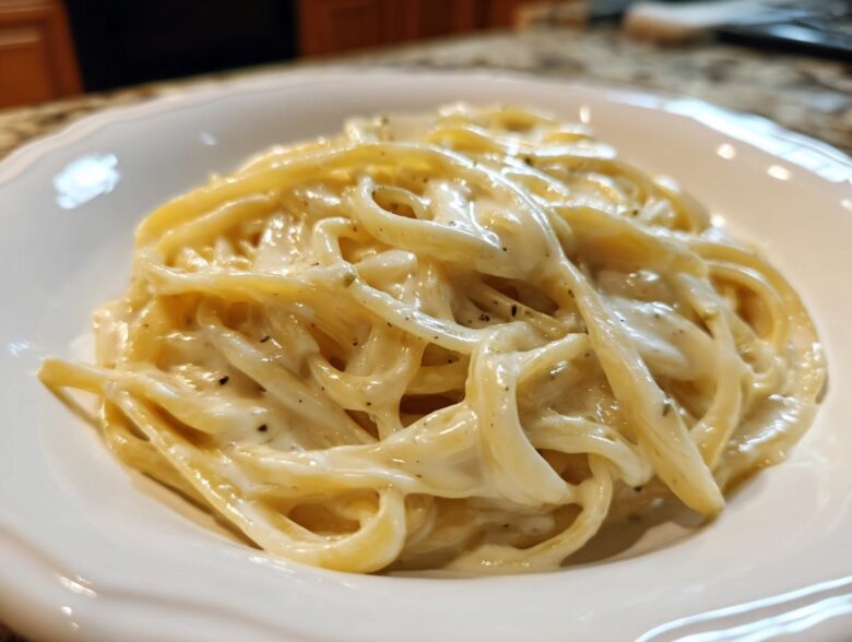 Close-up of fettuccine pasta generously coated in rich Vegan Creamy Cashew Alfredo Sauce, seasoned with pepper.