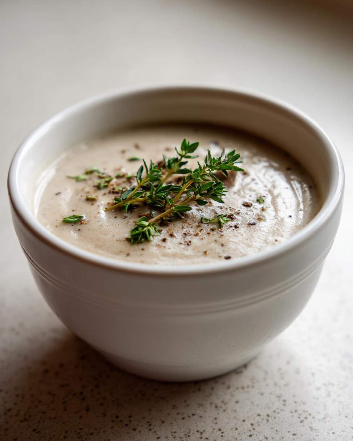 Close-up of Vegan Creamy Mushroom Soup with Thyme sprig and cracked pepper garnish.