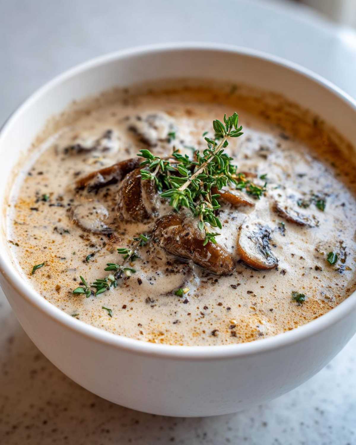 Close-up of a white bowl filled with Vegan Creamy Mushroom Soup with Thyme, garnished with fresh thyme sprigs.