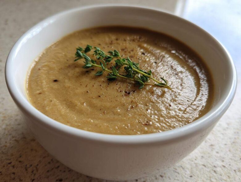 A close-up of a white bowl filled with rich Vegan Creamy Mushroom Soup with Thyme garnish.