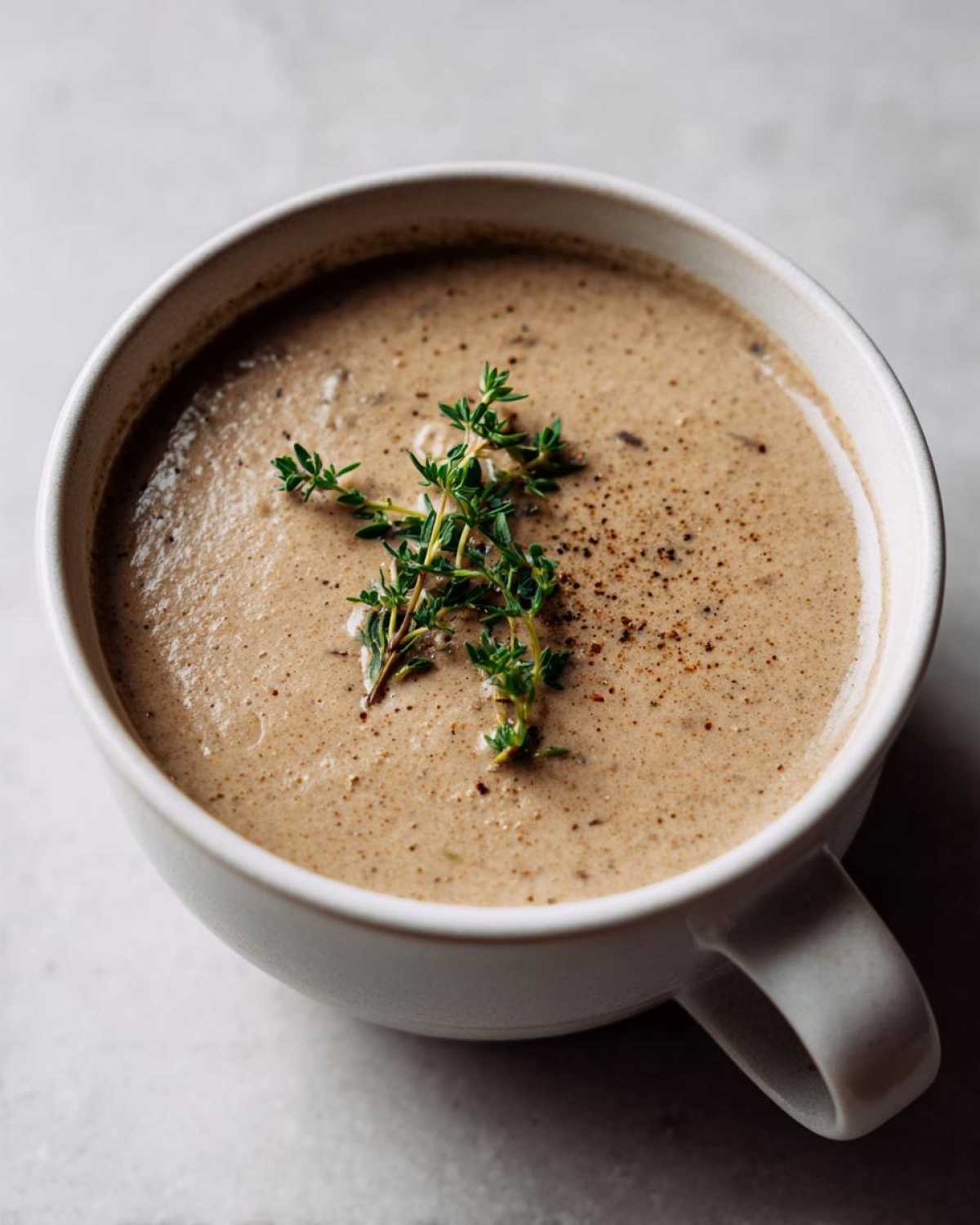 Close-up of a bowl of Vegan Creamy Mushroom Soup with Thyme, garnished with fresh thyme sprigs and pepper.