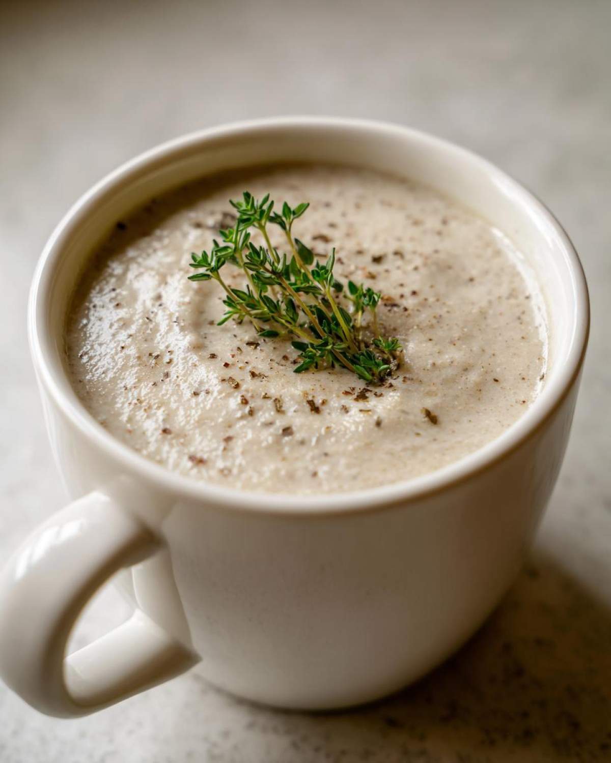 Close-up of Vegan Creamy Mushroom Soup with Thyme garnished with fresh thyme sprigs and pepper.