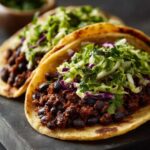Two Vegan Easy Black Bean Tacos filled with seasoned black beans and topped with bright cilantro lime slaw.