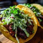 Close-up of Vegan Easy Black Bean Tacos filled with seasoned black beans and topped with cilantro lime slaw.