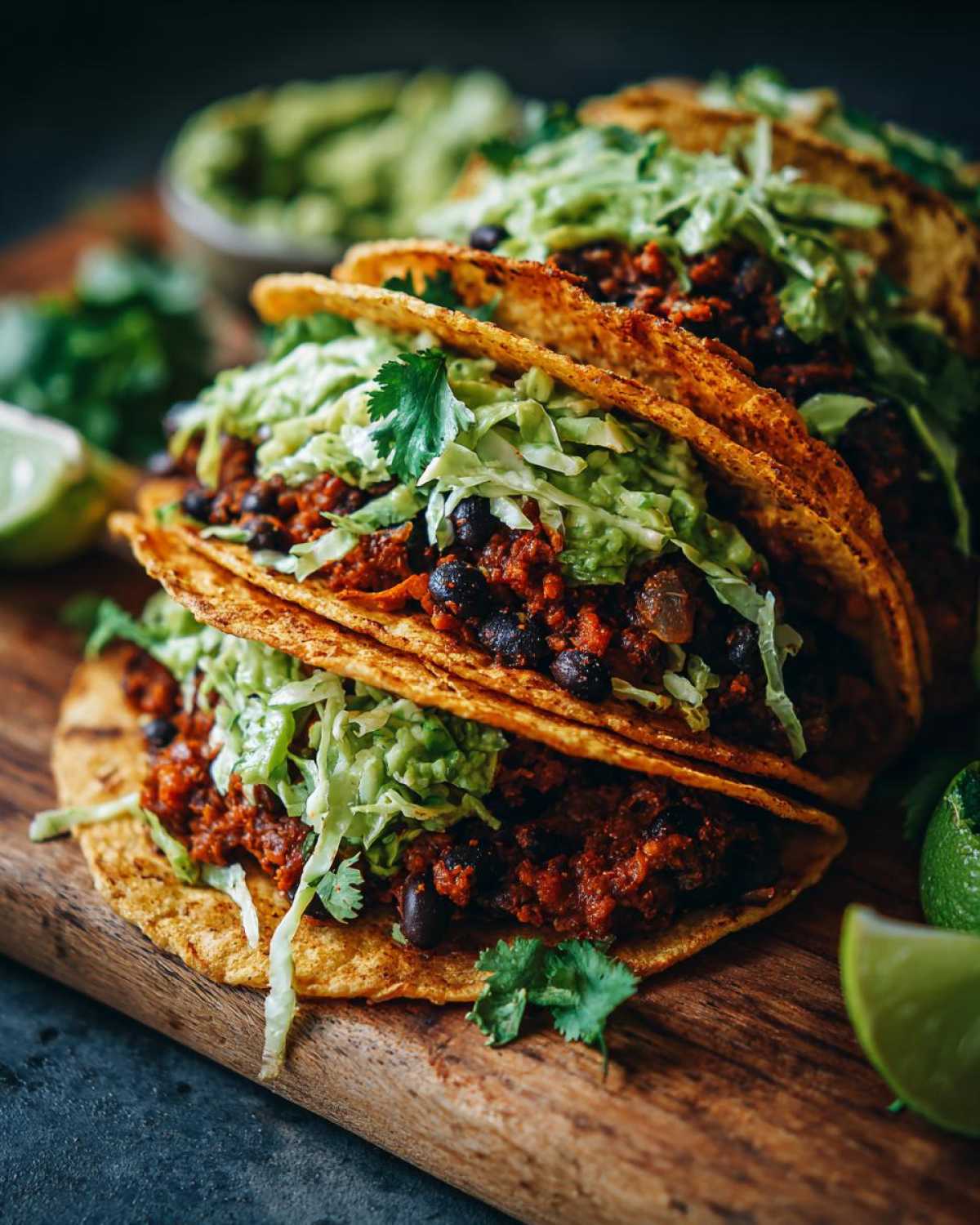 Close-up of stacked Vegan Easy Black Bean Tacos filled with spicy black bean mix and topped with cilantro lime slaw.