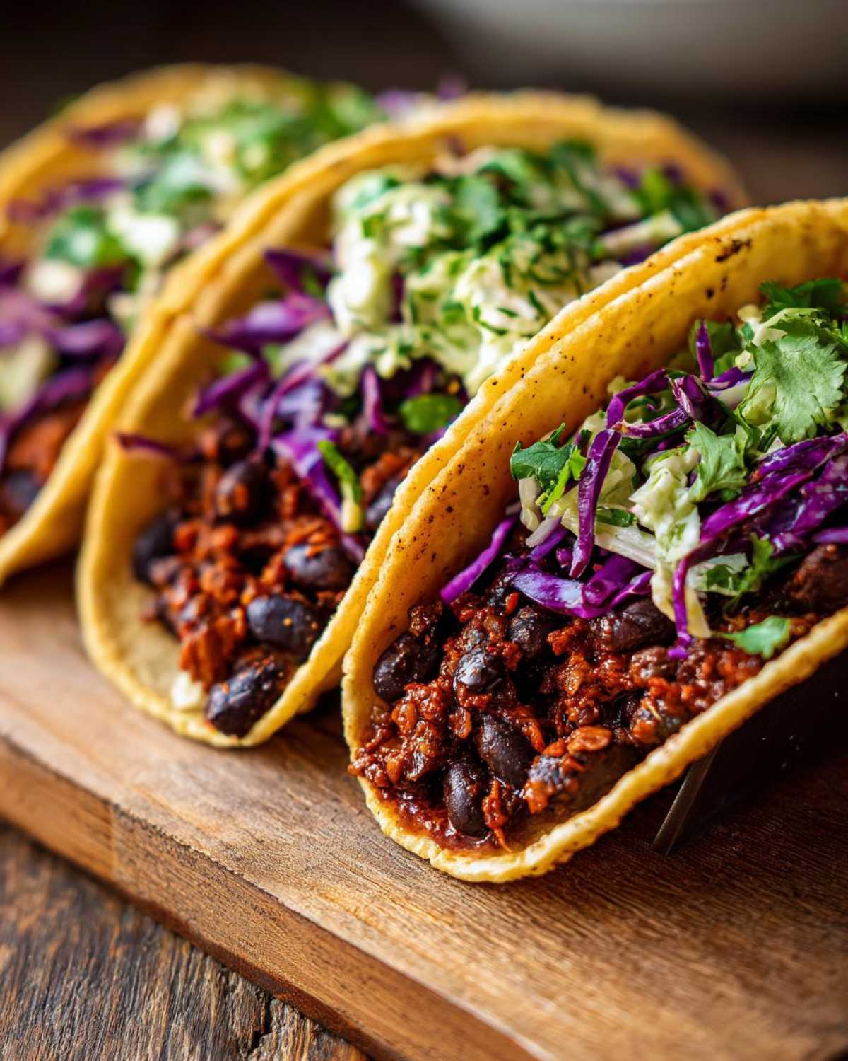 Three Vegan Easy Black Bean Tacos filled with seasoned black beans, red cabbage, and cilantro lime slaw.