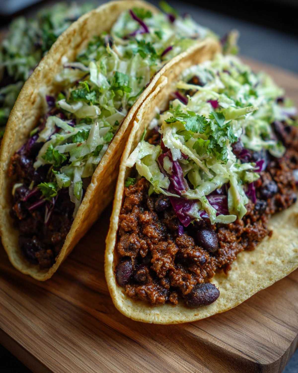 Two Vegan Easy Black Bean Tacos filled with seasoned black beans and topped with cilantro lime slaw.