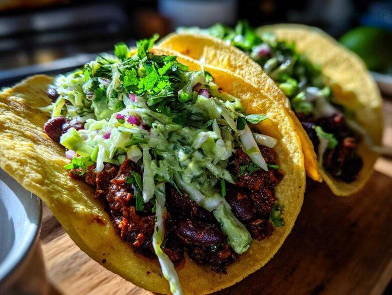 Close-up of Vegan Easy Black Bean Tacos filled with seasoned black beans and topped with cilantro lime slaw.