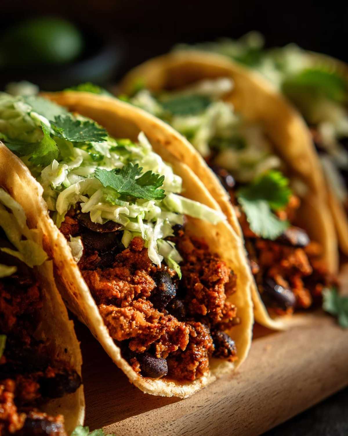 Close-up of three Vegan Easy Black Bean Tacos filled with seasoned mixture and topped with cilantro lime slaw.