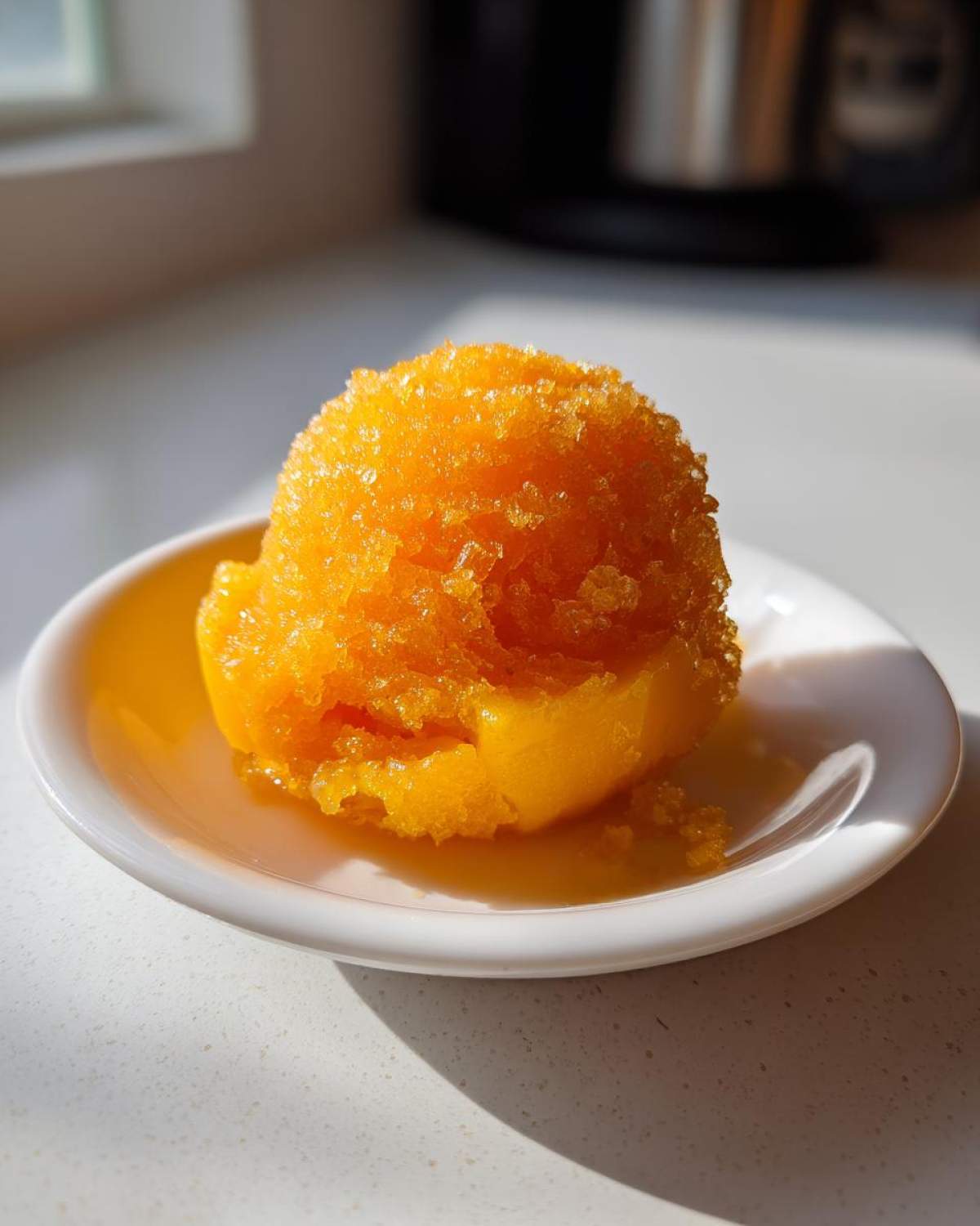 A bright orange scoop of icy Vegan Mango Pineapple Sorbet melting slightly on a small white dish.