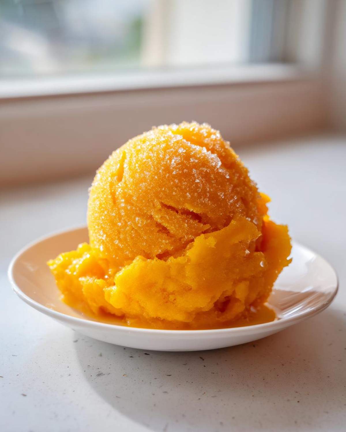 A bright orange scoop of Vegan Mango Pineapple Sorbet topped with visible sugar crystals, served on a small white dish.