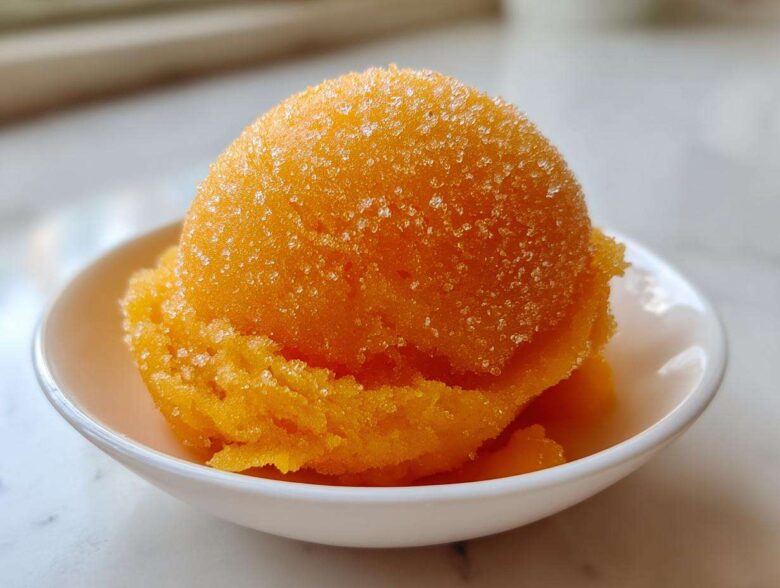 A vibrant scoop of bright orange Vegan Mango Pineapple Sorbet topped with coarse sugar crystals in a small white bowl.