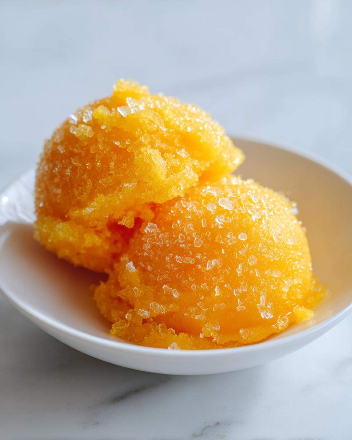 Two scoops of bright orange Vegan Mango Pineapple Sorbet topped with coarse sugar crystals in a white bowl.