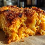 Close-up of a thick slice of Cheesy Baked Mac and Cheese with Crispy Top on a wooden board.