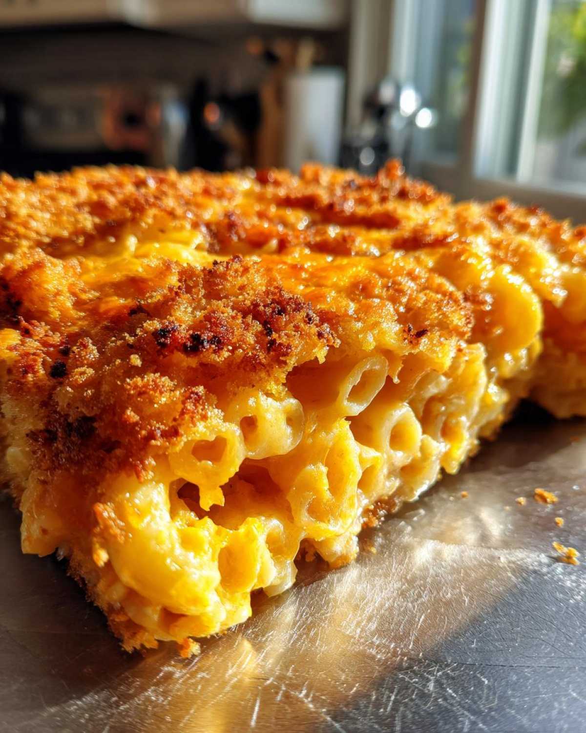 Close-up of a thick slice of Cheesy Baked Mac and Cheese with Crispy Top showing creamy pasta texture.