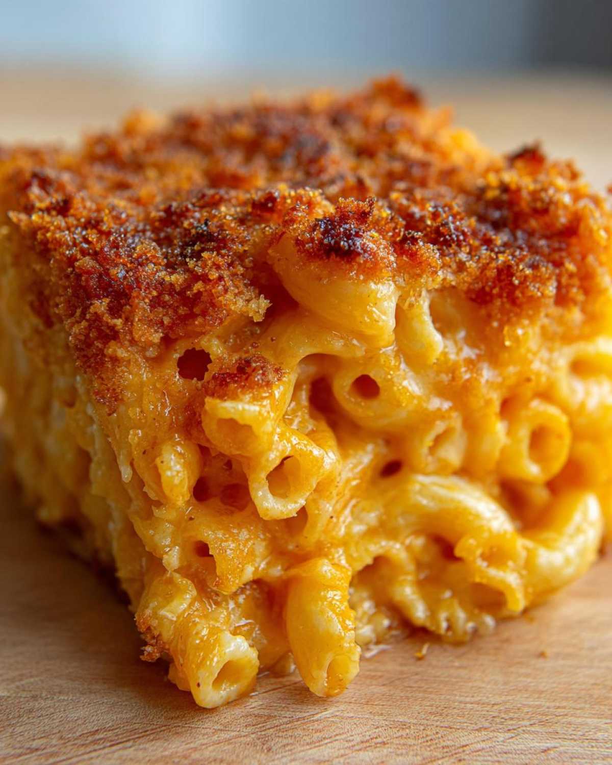 Close-up of a square serving of Cheesy Baked Mac and Cheese with Crispy Top, showing creamy interior and browned topping.