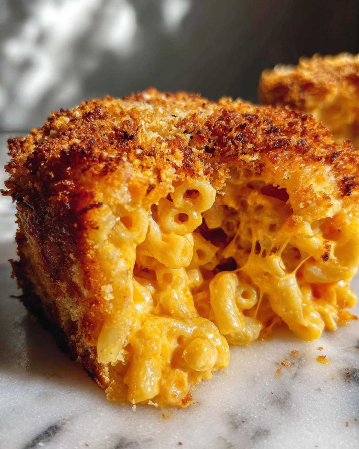 Close-up of a square serving of Cheesy Baked Mac and Cheese with Crispy Top showing gooey cheese pull.