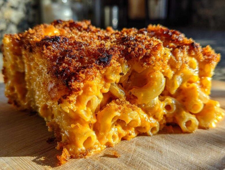 Close-up of a thick slice of Cheesy Baked Mac and Cheese with Crispy Top on a wooden board.