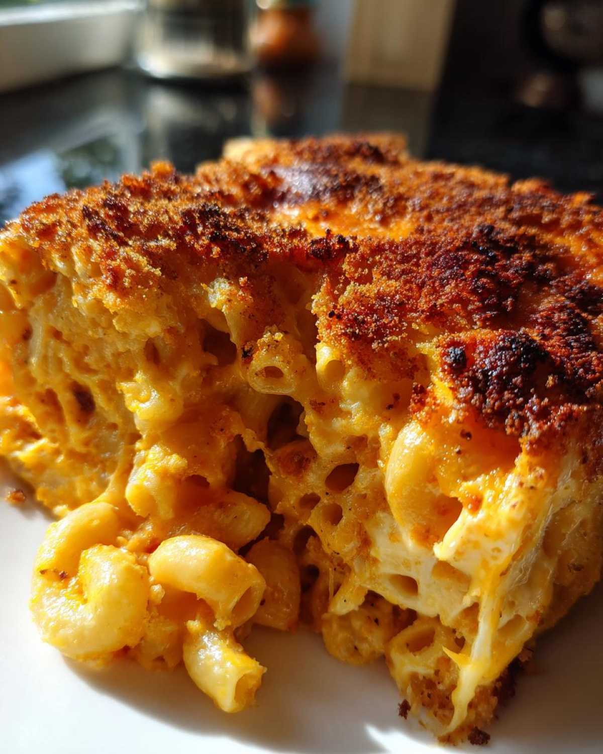 A close-up shot of a rich, cheesy baked mac and cheese with a dark, crispy top crust.