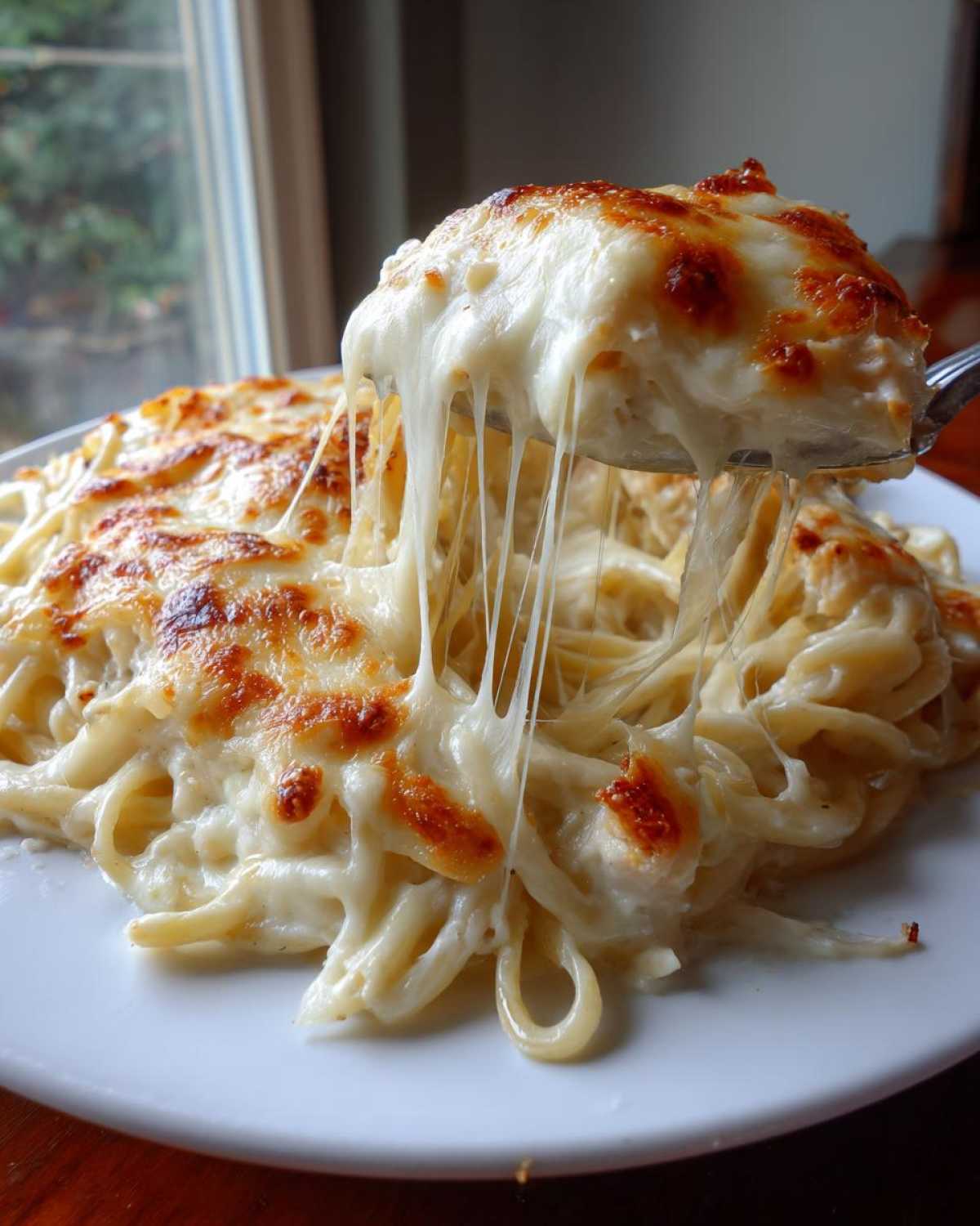 A spoonful of Cheesy Chicken Alfredo Bake showing an incredible, long cheese pull over the rest of the pasta bake.