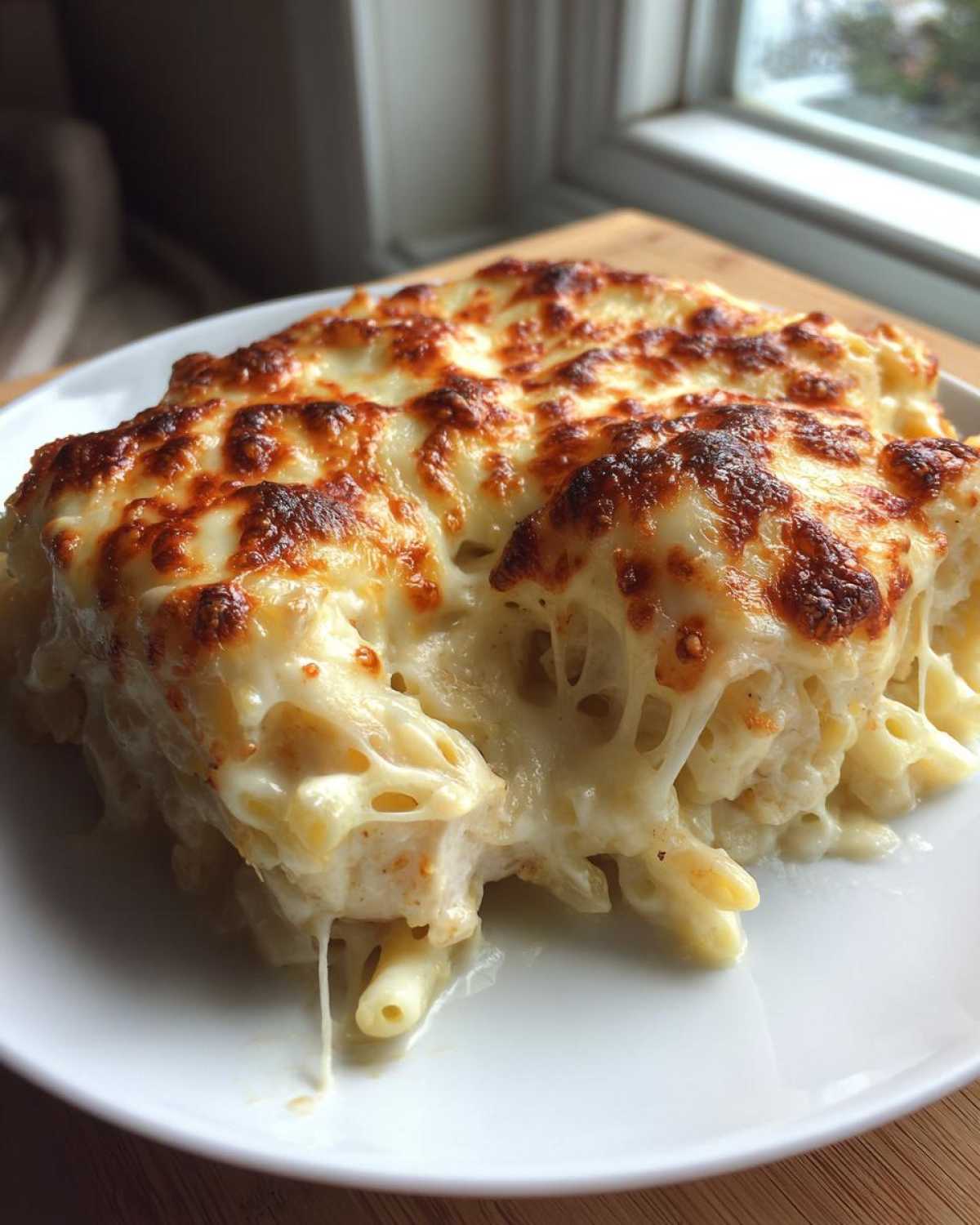 A generous serving of Cheesy Chicken Alfredo Bake showing melted, browned cheese stretching over pasta and chicken.