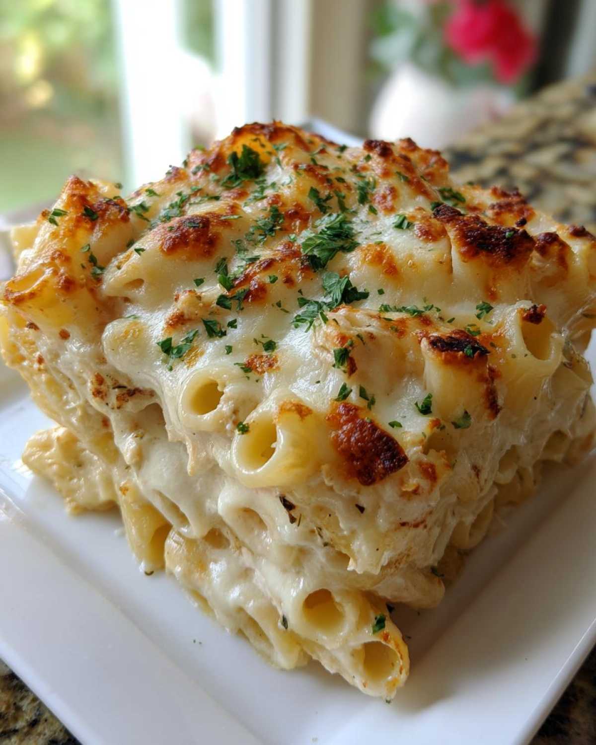 A thick slice of Cheesy Chicken Alfredo Bake with Mozzarella, showing layers of pasta and a bubbly, browned cheese top.