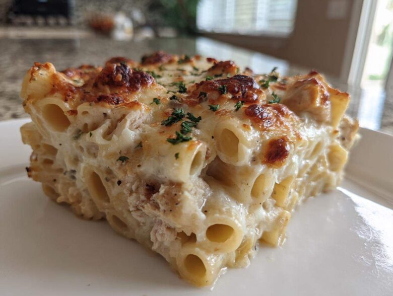 Close-up of a baked serving of Cheesy Chicken Alfredo Bake with Mozzarella, showing browned cheese and pasta tubes.