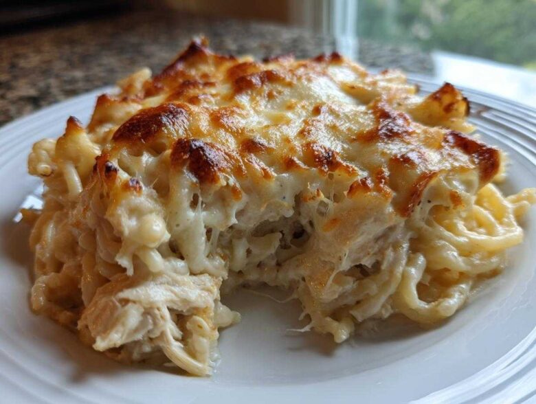 A close-up serving of Cheesy Chicken Alfredo Bake showing shredded chicken, pasta, and a bubbly, browned cheese topping.